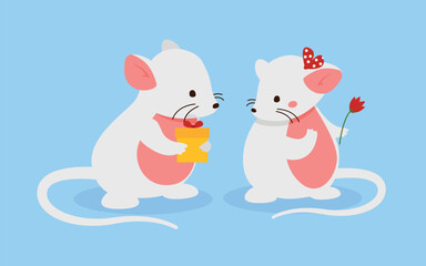 Couple of mice. Rodent gives his girlfriend red flower and gift box. Design element for greeting postcard for wedding anniversary and valentines day. Cartoon flat vector illustration