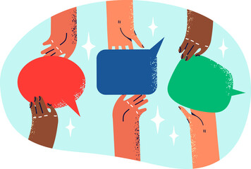 People passing dialogue bubbles from hand to hand symbolizing teamwork and brainstorming