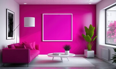  a living room with pink walls and a white coffee table with a potted plant on it and a pink couch in front of it.  generative ai