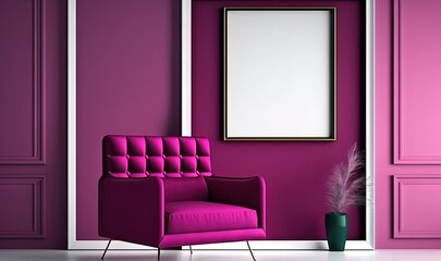  a purple chair and a pink wall with a picture frame on the wall and a plant in a pot in front of the chair and a mirror on the wall.  generative ai