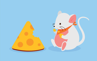 Mouse with cheese. White rodent sits and eats, funny scene. Sticker for social networks and messengers. Domestic animal and pet with food. Cartoon flat vector illustration