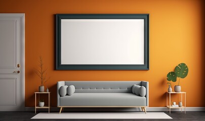  a living room with an orange wall and a gray couch with a plant in it and a large picture frame on the wall above the couch.  generative ai