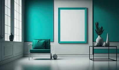  a room with a chair, table, mirror and vases on the floor in front of a large picture frame on a wall with a green background.  generative ai