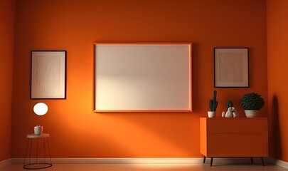 an orange room with a white board on the wall and a potted plant on a table in front of it and a lamp on the side table.  generative ai