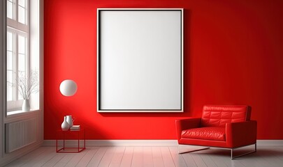  a red room with a red chair and a white poster on a red wall and a white floor lamp and a red chair in front of a window.  generative ai