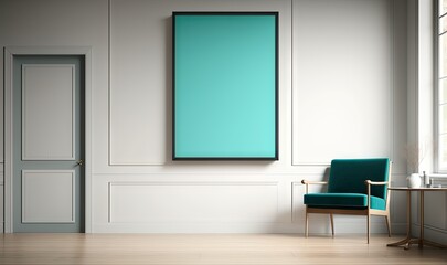  a chair and a table in a room with a large poster on the wall and a chair in front of a door with a window.  generative ai