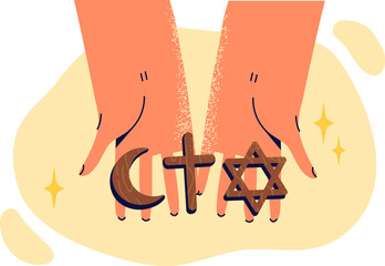 Human hands with religious amulets for believers of Islamic and Christian religion or Judaism