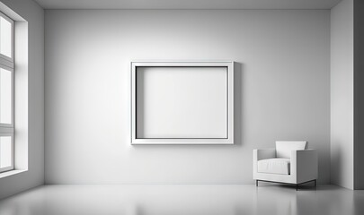 Obraz na płótnie Canvas a chair and a picture frame in a white room with a window and a white chair in front of a white wall and a window. generative ai