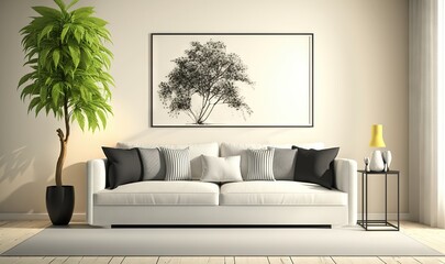  a living room with a white couch and a green plant in the corner of the room and a black and white painting on the wall.  generative ai
