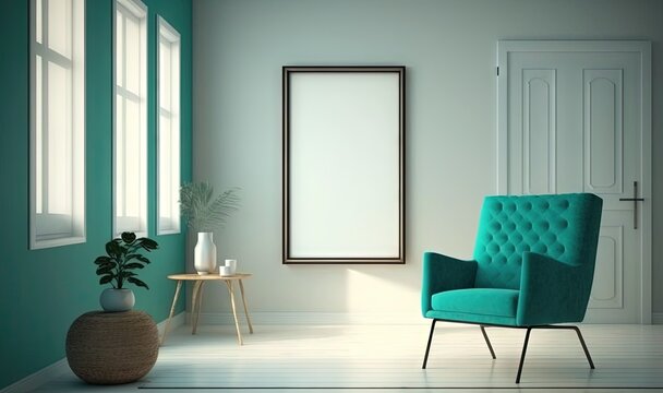  a room with a chair, a table, and a picture frame on the wall with a plant in the corner of the room and a potted plant on the floor.  generative ai
