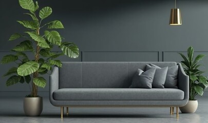  a living room with a couch, potted plants and a lamp hanging from the ceiling over the couch is a gray wall with a gold frame.  generative ai