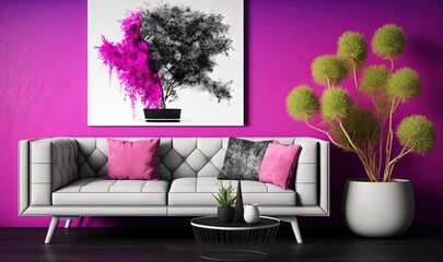 a living room with a couch, table and a painting on the wall above it and a potted plant in the corner of the room.  generative ai