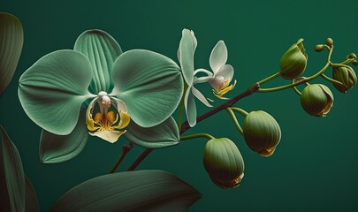  a painting of a green orchid with white and yellow flowers on a green background with a dark green back ground and a green background with white and yellow flowers.  generative ai