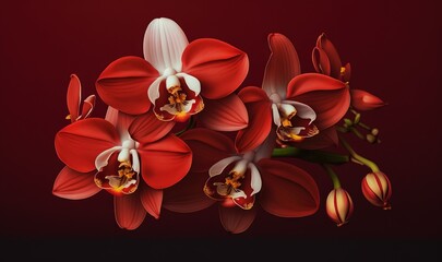  a bunch of red and white orchids on a red background with space for text on the left side of the image is a dark red background.  generative ai