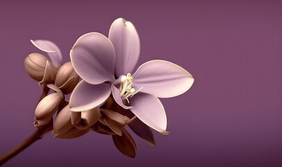  a close up of a flower on a stem with a purple background in the backround of the picture, with a small white flower in the center of the middle of the image.  generative ai