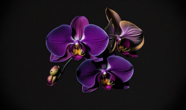  three purple orchids with yellow stamens on a black background with space for text or image to be used as a postcard.  generative ai