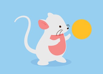 Mouse with ball. Adorable rodent playing with yellow sphere. Design element for greeting and invitation postcard. Template, layout and mock up. Cartoon flat vector illustration