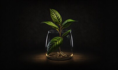  a green plant in a glass of water on a table with a dark background and a black background with a reflection of the plant in the glass.  generative ai