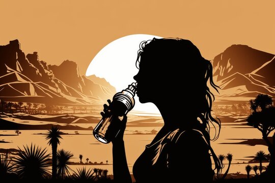 Silhouette of the girl drinking water on the background of the desert