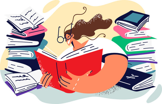 Woman bookworm sitting among textbooks enjoying reading favorite novels or preparing for exams
