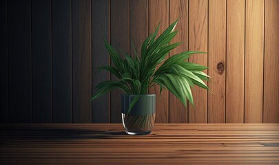  a potted plant sitting on top of a wooden table next to a wall with a wooden paneled wall in the background and a wooden floor.  generative ai