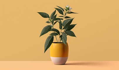  a yellow and white vase with a plant in it on a yellow surface with a yellow wall in the background and a white flower in the center.  generative ai