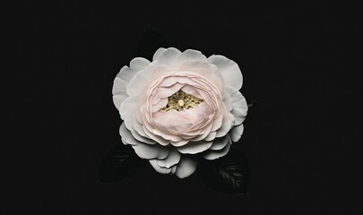  a large white flower with a gold center on a black background with a black leafy stem in the center of the flower and a gold center on the center of the flower.  generative ai