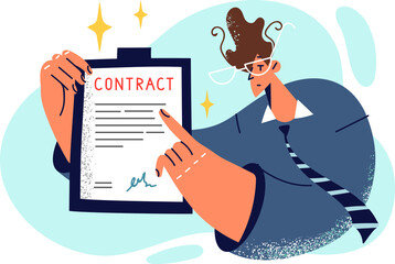 Businessman pointing finger at signed contract to force partners to fulfill their obligations