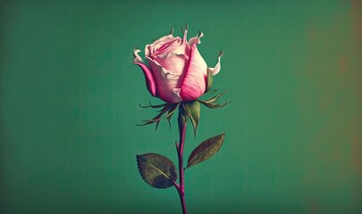 a single pink rose with green background and a green background with a green background and a green background with a pink rose with green leaves.  generative ai