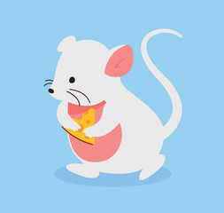 Mouse with cheese. Adorable animal with piece food walk. Poster or banner for website. Domestic mammal and wild life. Toy or mascot for children. Cartoon flat vector illustration