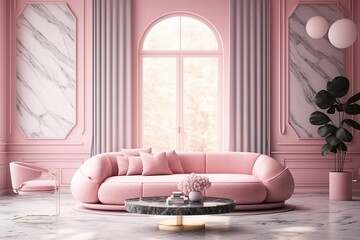 Modern Pink Living Room with Big Windows. Generative AI