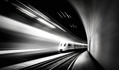  a black and white photo of a train coming down the tracks in a tunnel with motion blurry on the side of the train and the track.  generative ai