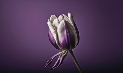  a single purple and white tulip on a purple and purple background with a white stem in the center of the picture, with a single purple flower in the middle of the foreground.  generative ai