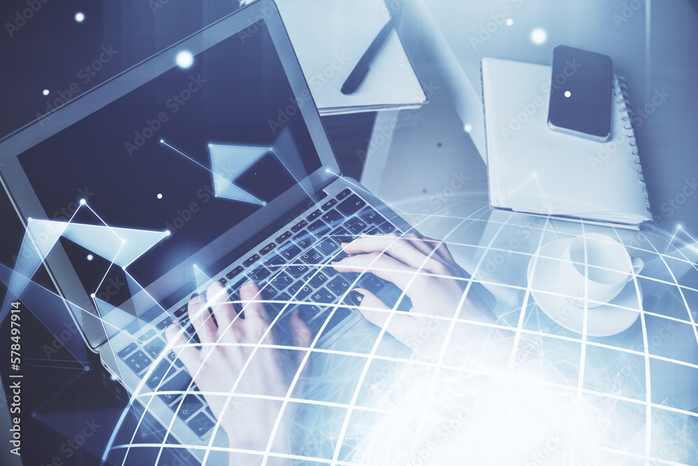 Poster double exposure of woman hands working on computer and world map hologram drawing. international tec
