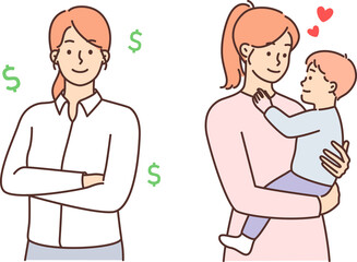 Successful businesswoman standing with arms folded near young loving mother with little baby in arms