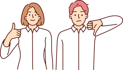 Man and woman give different assessment of upcoming business deal showing thumbs up or down