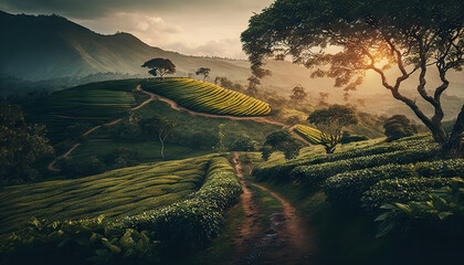 Tea plantation in Sri Lanka, astonishing view. Base on Generative AI - obrazy, fototapety, plakaty