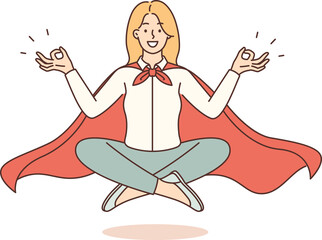 Woman office worker in superhero cape meditating and does yoga for harmony and balance