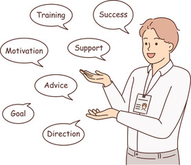 Motivated businessman with work words in talk balloons