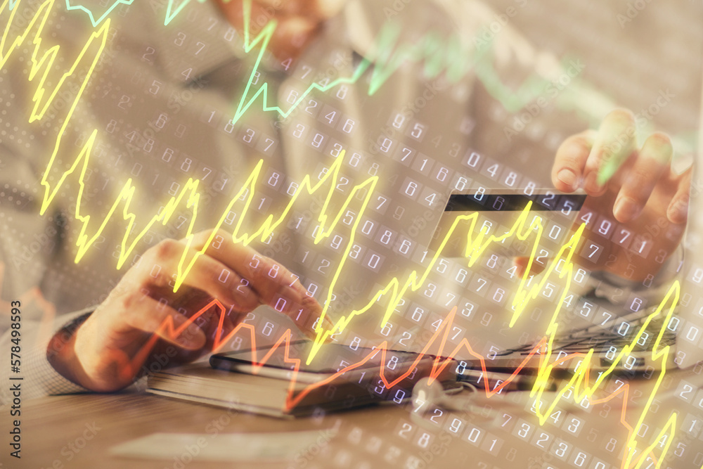 Poster double exposure of man hands holding a credit card and forex graph drawing. stock trading and digita