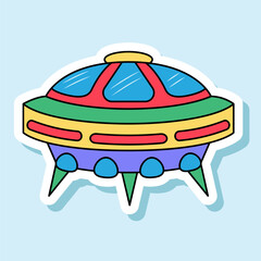 Vector UFO cartoon sticker in retro colors. Isolated colorful spaceship badge