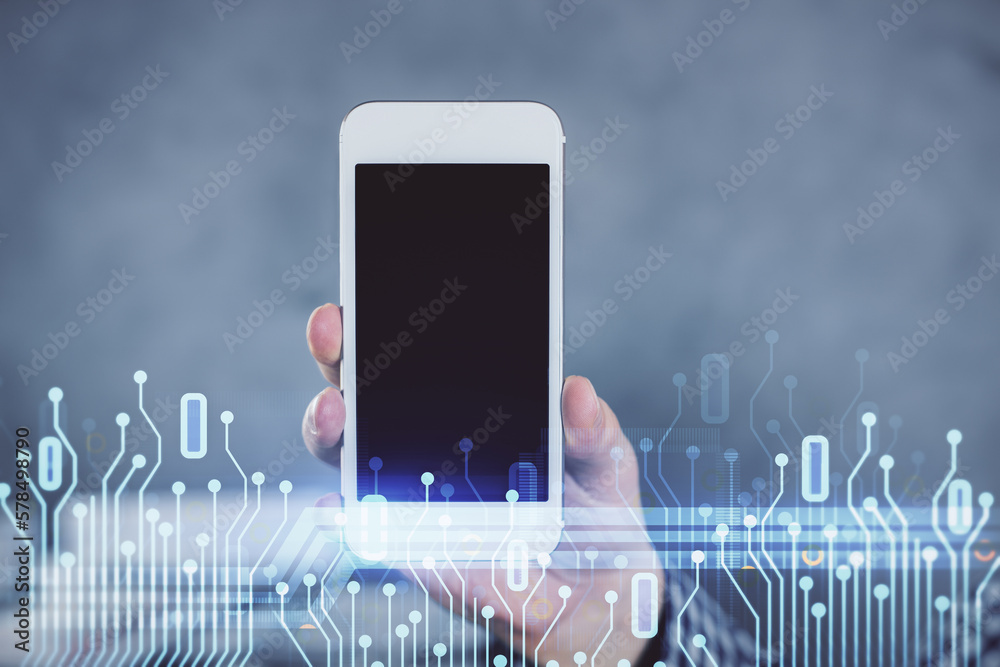 Poster Double exposure of man's hand holding and using a digital device and data theme hologram drawing. Technology concept.