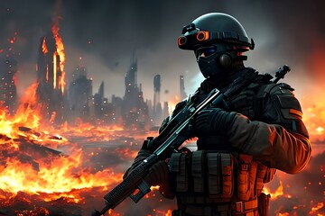 Futuristic Soldier With Mask, Burning Night City Background, Apocalyptic Battlefield. Generative AI