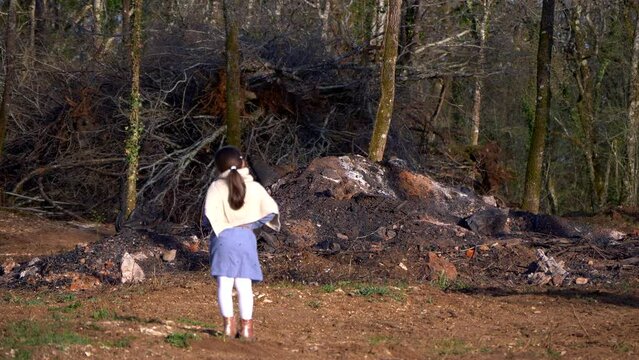 A powerful image of a five-year-old Caucasian girl standing still and staring at the devastation of a burned and deforested landscape, highlighting the urgent need for action to protect our planet. 