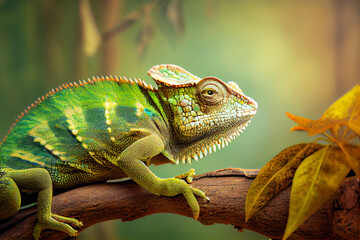 Obraz premium Chameleon in tropical exotic tree background. Close up view. Generative AI