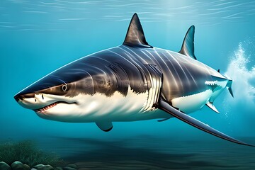 Great White Shark Swimming In The Sea Illustration. Generative AI