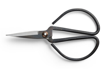 pair of traditional Japanese forged iron bonsai scissors isolated over a transparent background,...