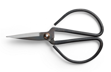 pair of traditional Japanese forged iron bonsai scissors isolated over a transparent background, craft, art or floristry design element, top view / flat lay