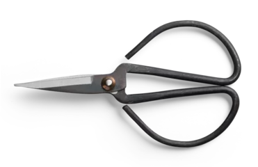 Foto op Plexiglas pair of traditional Japanese forged iron bonsai scissors isolated over a transparent background, craft, art or floristry design element, top view / flat lay © Anja Kaiser