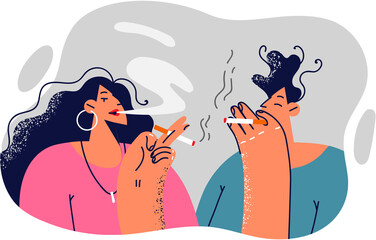 Man and woman smoking cigarettes enjoying tobacco smoke and gossiping during work break